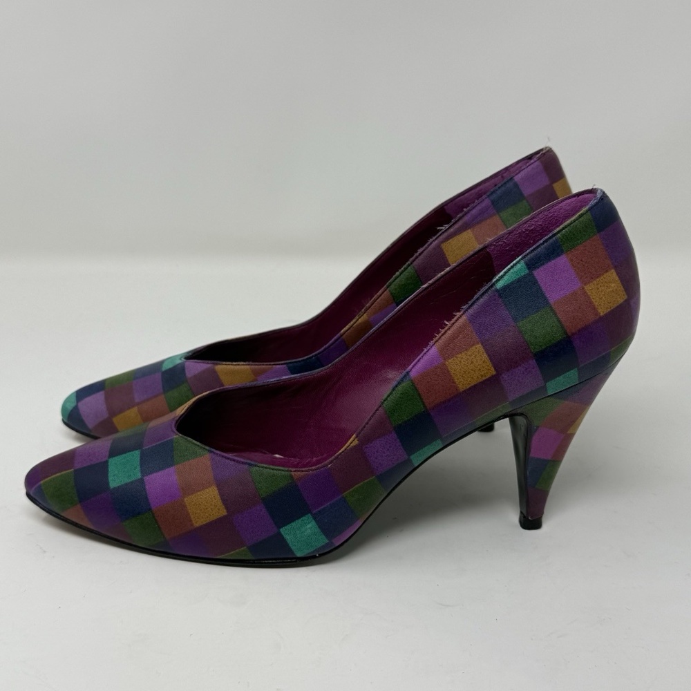 Vintage Stuart Weitzman 80s Bright Multicolor Heels Leather Sz Womens 9 Colorful - Picture 3 of 16